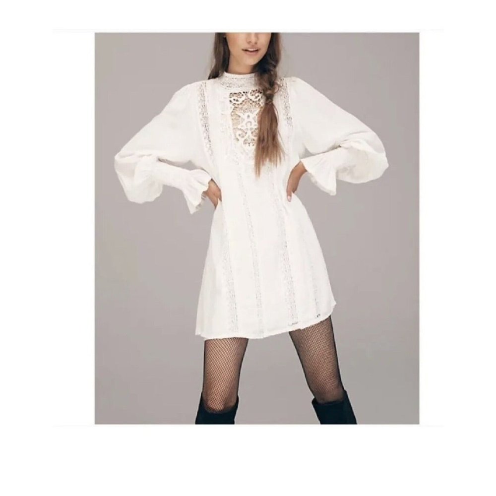 Free People One Vienna Lace Boho Ivory Mini Dress Romantic Lined Size Larg $168